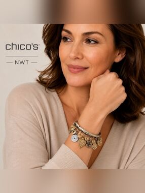 NWT Chico's Charm Bracelet Hearts Medallion Allison Mixed Metal Stretch